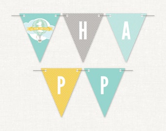 Hot Air Balloon Banner for Boys – Printable First Birthday Banner by Squawk Box Studio