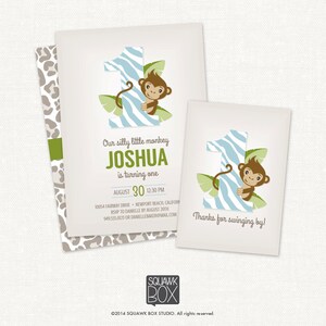First Birthday Invitation Set for Boys – Silly Little Monkey Blue Safari – Printable Invitation and Thank You Card by Squawk Box Studio