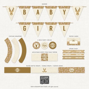 Può includere: Una collezione di decorazioni per baby shower in crema, oro e marrone. Include uno striscione con la scritta "BABY GIRL", involucri per cupcake, cerchietti per feste, biglietti pieghevoli, bandierine per cannucce e involucri per bottiglie d'acqua. Con disegni di cervi e floreali.