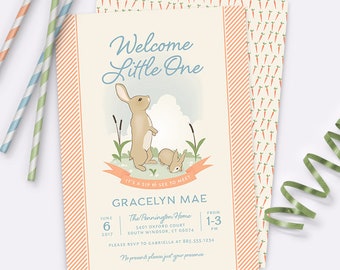 Bunny Rabbit Baby Sip and See Party Invitation – Orange – Printable Invitation by Squawk Box Studio