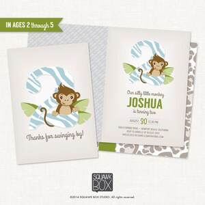 Birthday Photo Invitation Set Boys Age 2-5 – Silly Little Monkey Blue Safari – Printable Invitation and Thank You Card by Squawk Box Studio