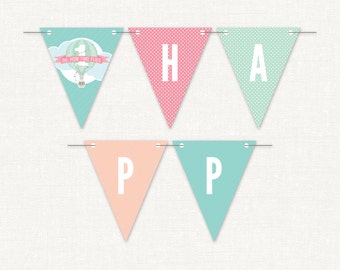 Hot Air Balloon Banner for Girls – Printable First Birthday Banner by Squawk Box Studio