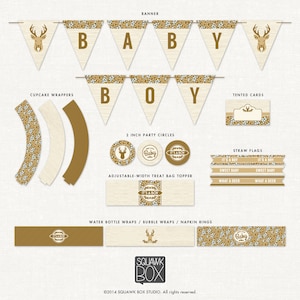 Può includere: Decorazioni per feste stampabili per un baby shower con tema boscoso. Le decorazioni presentano uno schema di colori marrone e bianco con una silhouette di cervo e le parole "Baby" e "È un maschio".