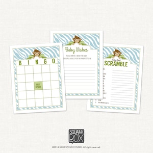 Silly Little Monkey Baby Shower Games – Boy, Blue Safari – Cartes de jeu imprimables par Squawk Box Studio