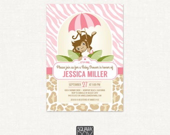 Silly Little Monkey Baby Shower Invitation – Girl, Pink Safari – Printable Baby Shower Invitation by Squawk Box Studio