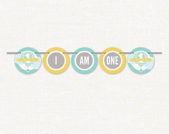 Hot Air Balloon First Birthday High Chair Banner – Yellow, Aqua, Gray, Mint – Printable Banner by Squawk Box Studio – INSTANT DOWNLOAD