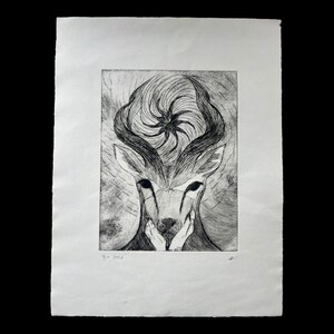 Antelope Drypoint Etching, spirit animal series on cotton paper