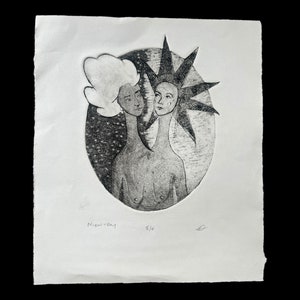 May include: Black and white print of two figures with contrasting hairstyles, one with a cloud-like head and the other with a spiky star-shaped head. The print is titled "Night & Day" and signed "5/4".