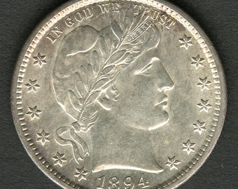 1894-S 25c Barber Silver Quarter Gem BU, Sharp Details, Mint Luster Proof-Like