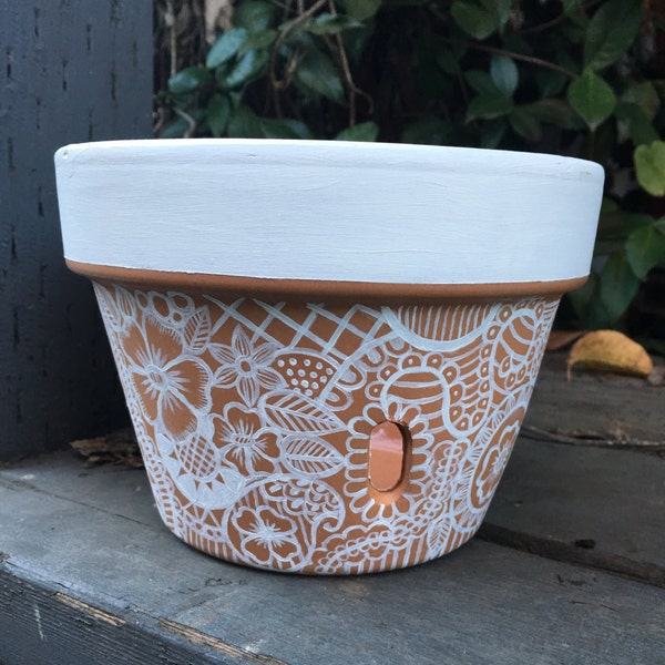 henna inspired 7 inch diameter hand painted terra-cotta orchid pot