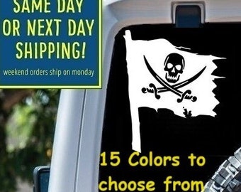 PIRATE SKULL SWORDS Tattered Flag Sticker Decal Car Window MacBook Laptop Tablet iPad Water Bottle Gift 6 Year Exterior Interior Rated Vinyl