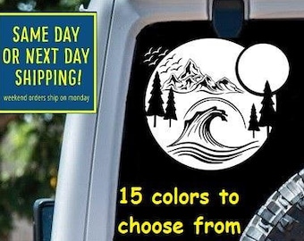WANDER MOUNTAINS WAVES Ocean Birds Trees Sun Moon Decal Car Window MacBook Laptop Tablet iPad Water Bottle 6 Year Exterior Rated Vinyl