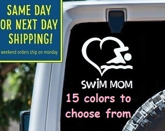 May include: White vinyl decal with a heart and a swimmer inside the heart. The text "Swim Mom" is below the heart. Below the text is "15 colors to choose from".