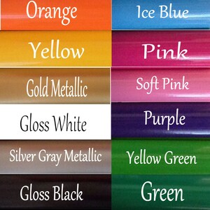 May include: A colour chart with 14 different colour options for paint. The colours include red, orange, yellow, gold metallic, gloss white, silver grey metallic, gloss black, brilliant blue, ice blue, pink, soft pink, purple, yellow green, green, and forest green.