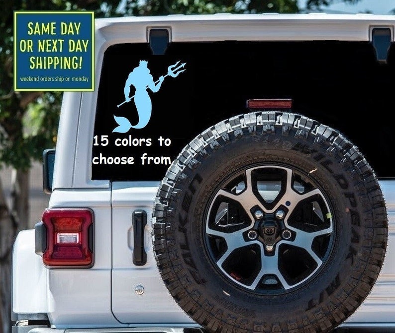 May include: A blue and white decal of a merman with a trident, with the text "SAME DAY OR NEXT DAY SHIPPING! weekend orders ship on monday 15 colors to choose from".