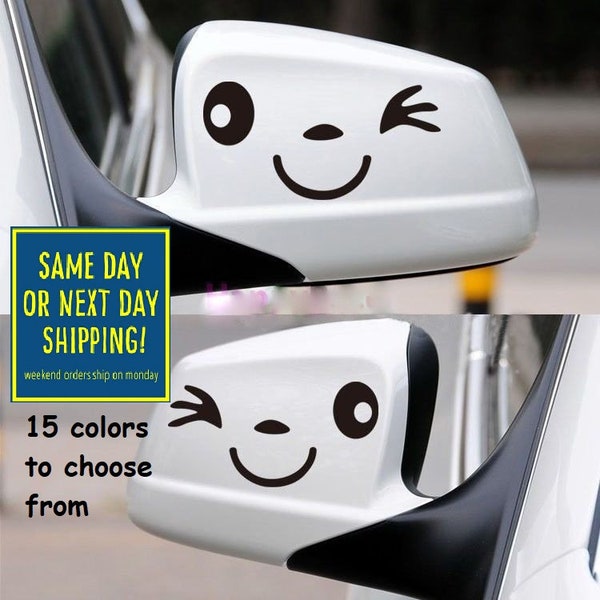 FUNNY 2 Winking Smile Side Mirror Sticker Decal Car Window MacBook iPad Laptop Water Bottle Tablet Wall 6 Year Rated Exterior Indoor Vinyl