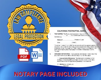 California Postnuptial Marriage Agreement Template Form  Written by Real Lawyer for CA - Notary Page Included - 19 Page Document