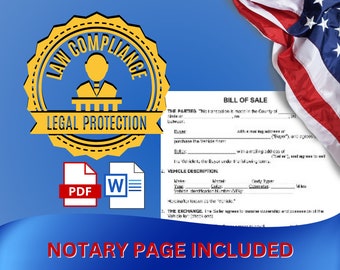 Bill of Sale Template with Notary Page - Motor Vehicle Sale BOS - pdf and doc - Motorcycle, RV, Truck - Digital Download - All States
