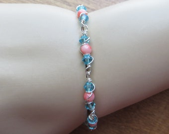 Light Turquoise Swarovski Crystal and Pink Coral Wire Wrapped Bracelet W/Sterling Silver Clasp