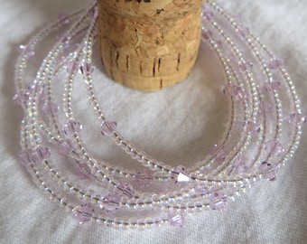 Pink Rosaline Swarovski Crystal and Pale Pink AB Seed Bead Six Strand Bracelet W/Silver Clasp
