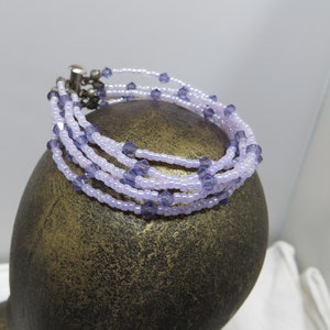 Six Strand Tanzanite Color Swarovski Crystal and Seed Bead 7&quot; Bracelet with Sterling Barrel Clasp