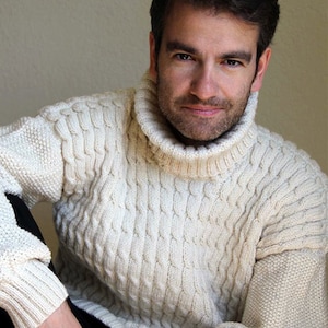 Beige winter mens sweater. Cable hand knitted sweater. Fisherman Sweater.