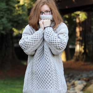 Light grey womens winter sweater. Handknitted cozy sweater. Womens oversized chunky knit sweater. Womens Aran Sweater. Cable knit sweater.
