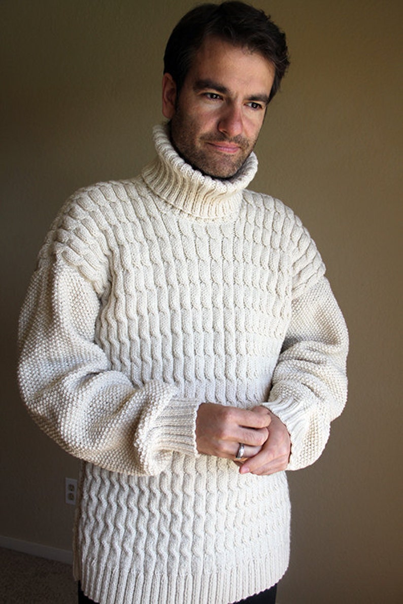 Beige Winter Mens Sweater. Cable Hand Knitted Sweater. Fisherman