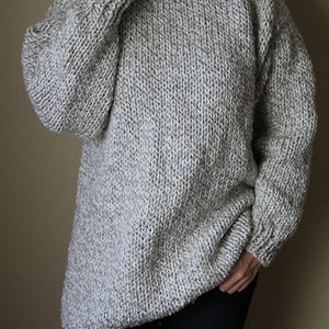 Hand knit oversize woman pullover sweater slouchy wool grey white blend turtleneck knit sweater