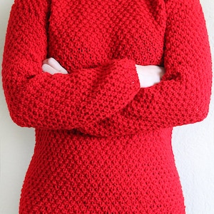 Women&#39;s Hand-Knitted Cable Knit Sweater - Warm Red Cherry Color, Cozy Boho Style Pullover, Perfect for Fall and Winter