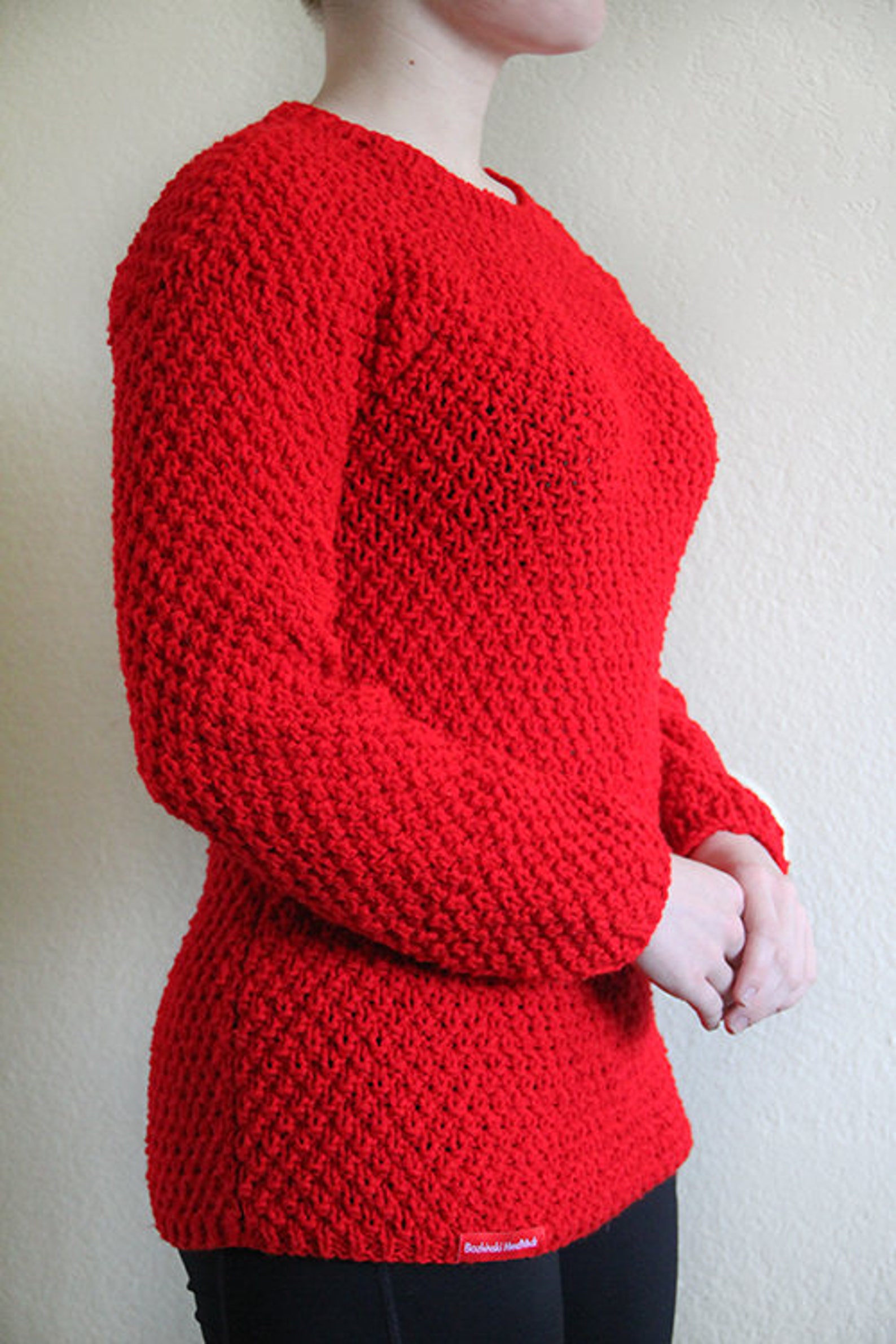Women's Hand Knitted Sweater Cable Knit Warm Sweater Red Cherry Color
