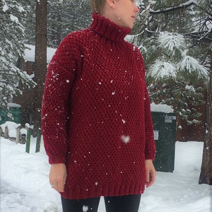 Aran Style Cosy Sweater, Women Outfit Hand Knitted Sweater, Christmas Gift for Her, Chunky Knit Sweater, Cozy Ski Sweater, Red, Maroon.