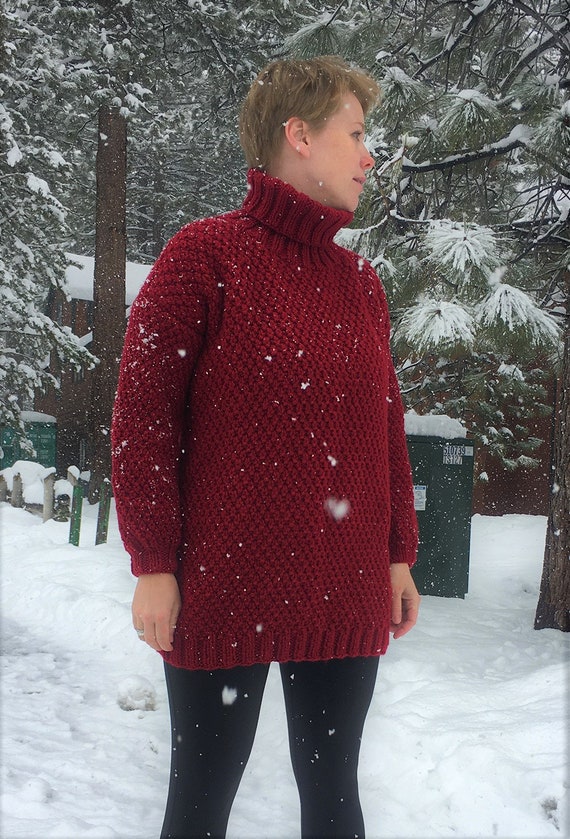 Aran Style Cosy Sweater, Women Outfit Hand Knitted Sweater, Christmas Gift for Her, Chunky Knit Sweater, Cozy Ski Sweater, Red, Maroon.