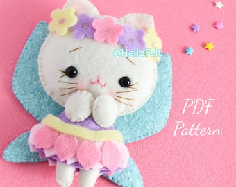PDF PATTERN: Kitty Fairy. Felt cat pdf pattern, felt kitty pattern