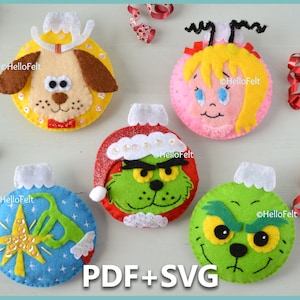 PDF + SVG PATTERN: Felt Christmas Baubles. Set of 5.  Felt Christmas Ornaments pattern.