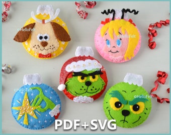 PDF + SVG PATTERN: Felt Christmas Baubles. Set of 5.  Felt Christmas Ornaments pattern.