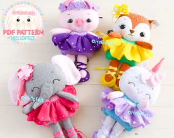 PDF PATTERN: Set of 4 felt ballerinas doll, felt doll pattern, felt unicorn pattern. HelloFelt.