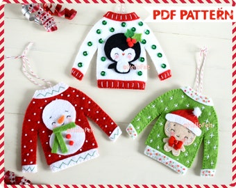 PDF PATTERN: Ugly Christmas Sweater. Felt Christmas Ornaments pattern. Tree ornaments. HelloFelt.