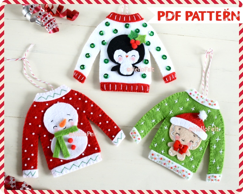 PDF PATTERN: Ugly Christmas Sweater. Felt Christmas Ornaments pattern. Tree ornaments. HelloFelt. image 1