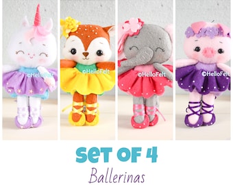 PDF PATTERN: Set of 4 felt ballerinas doll, felt doll pattern, felt unicorn pattern. HelloFelt.