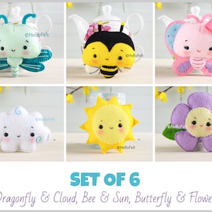 PDF PATTERN: Set of 6 Bee and sun, Butterfly and flower, Dragonfly and Cloud. Baby Mobile Ideas, Nursery DecoFelt Animal Pattern