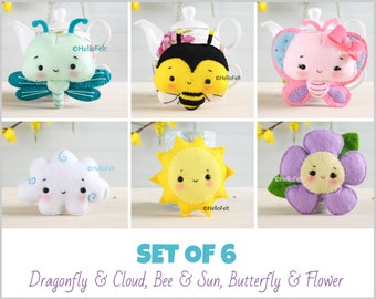 PDF PATTERN: Set of 6 Bee and sun, Butterfly and flower, Dragonfly and Cloud. Baby Mobile Ideas, Nursery DecoFelt Animal Pattern