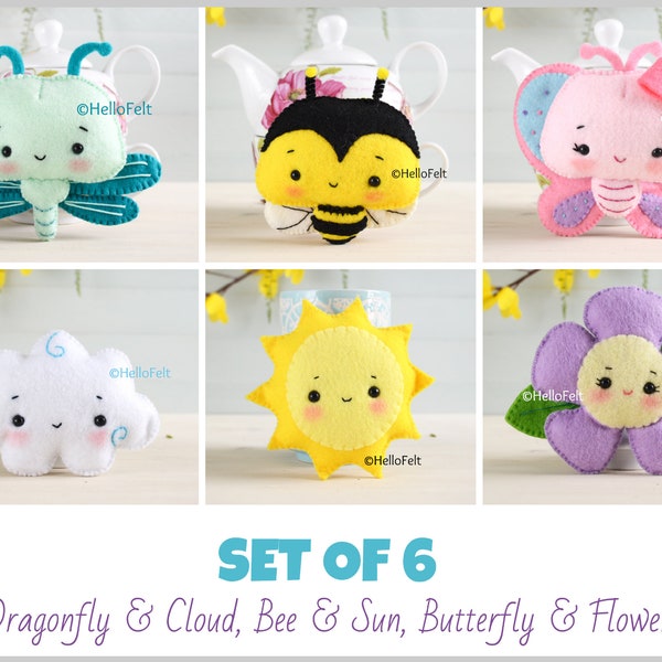 PDF PATTERN: Set of 6 Bee and sun, Butterfly and flower, Dragonfly and Cloud. Baby Mobile Ideas, Nursery DecoFelt Animal Pattern