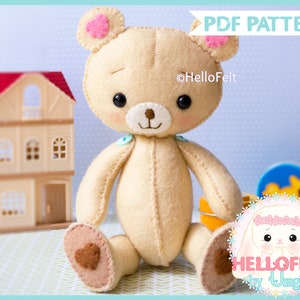PDF PATTERN: Kumi The Bear, Plush Doll Pattern, Softie Pattern, Soft felt bear Pattern. Nursery decoration ideas HelloFelt.