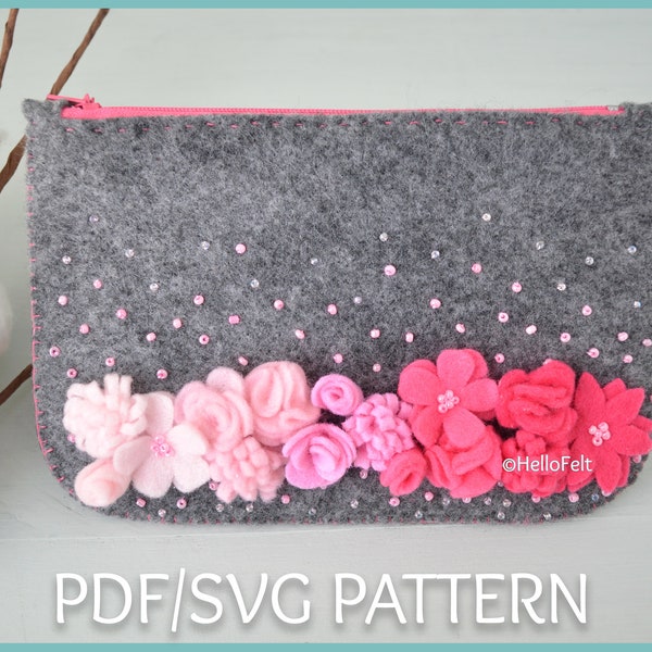 PDF + SVG Pattern: Spring Purse, Tutorial and Pattern. Felt Purse, Felt pouch. Rainbow flowers.