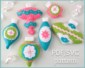 PDF + SVG PATTERN: Felt Vintage Baubles. Set of 6.  Felt Christmas Ornaments pattern.