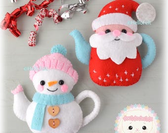 PDF + SVG PATTERN: Felt Christmas Teapots. Set of 2.  Felt Christmas Ornaments pattern.