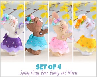 PDF PATTERN: — Set of 4, Spring Bear, Bunny, Kitty and Mouse. Felt animals plush PDF Pattern. HelloFelt.