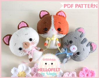 PDF PATTERN: Set of 3 Felt kitty. Felt Animal Pattern. felt cat pdf pattern