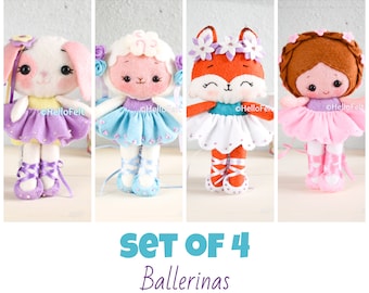 PDF PATTERN: Set of 4 felt ballerinas doll, felt doll pattern, felt plush pattern. HelloFelt.Felt Animal Pattern